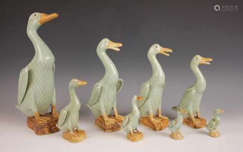 A set of eight Chinese porcelain celadon glazed ducks, 20th ...