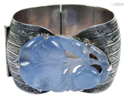 Chinese Silver Cuff Bracelet with Carved Lavender Jade