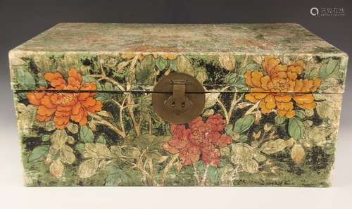 An early 20th century Chinese trunk, the exterior polychrome...