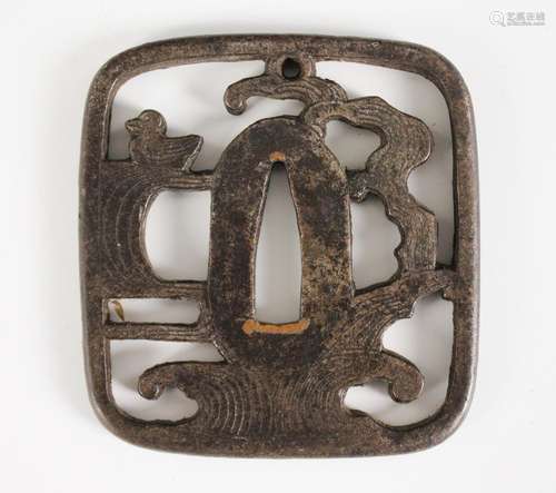 A Japanese Tsuba, Edo Period (1603-1868), Kaku-gata, with pi...