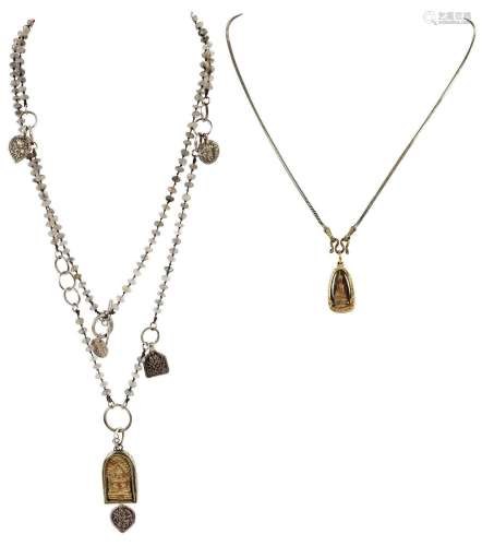 Two Tibetan Necklaces, One Encased in Gold, One Silver with ...