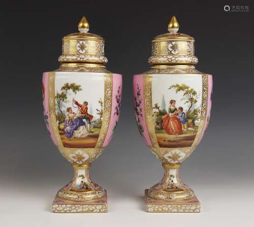 A pair of Dresden porcelain urn shaped vases and covers, ear...