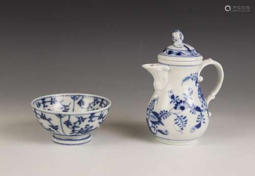 A Meissen blue and white coffee or chocolate pot and cover, ...