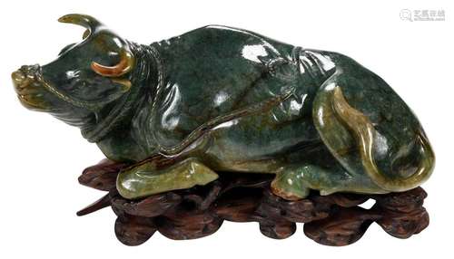 Chinese Jade Buffalo on Wood Stand