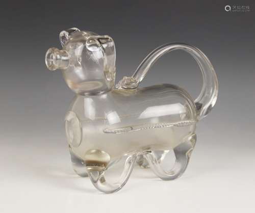 An Edwardian novelty glass claret jug modelled as a dog, ear...