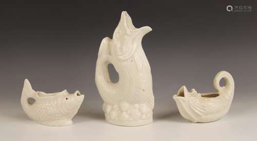 A Victorian milk glass cream jug modelled as a fish, late 19...