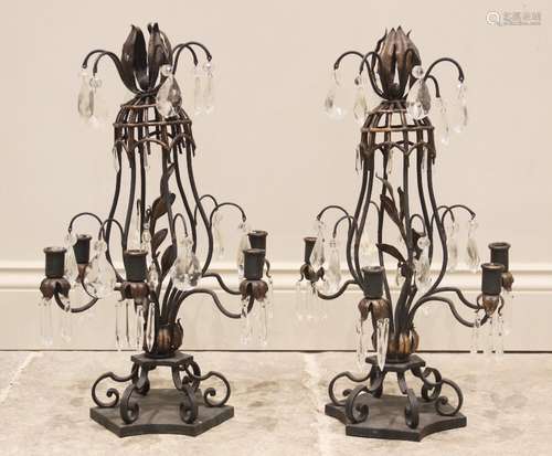 A pair of oxidised copper girandoles, early 20th century, th...