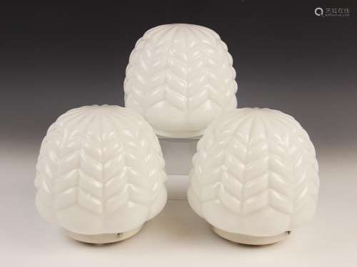 Three matching Art Deco style milk glass pendant lamp shades...