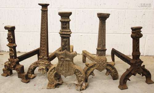 Five single cast iron fire dogs, 17th century and later, to ...