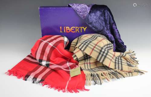 A Burberry style lambs wool scarf, with tassel detail, label...