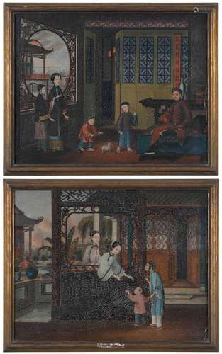 Fine Pair of Chinese Export Domestic Paintings