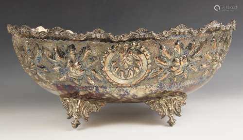 A late 19th century silver plated copper planter, of oval fo...