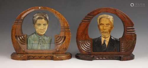 Two Mexican Fotoescultura photographic and painted portraits...