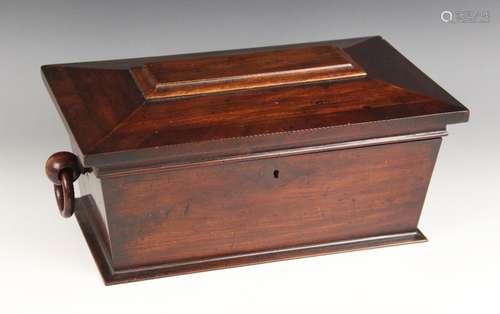 A William IV mahogany sarcophagus shaped tea caddy, the hing...