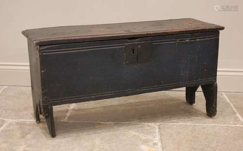 An early 18th century painted oak six plank coffer, the hing...