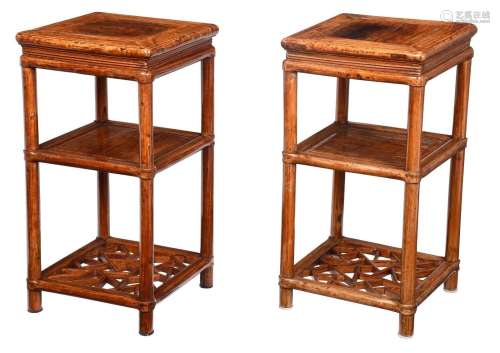 Pair of Chinese Figured Rosewood Three Tiered Square Stands