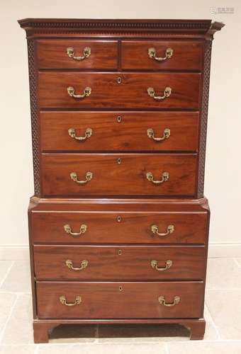 A George III mahogany chest on chest, with a moulded dentil ...