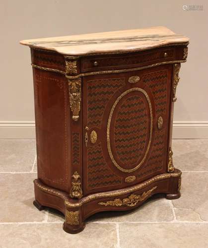 A Louis XVI revival marble top serpentine kingwood side cabi...