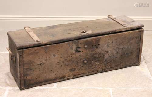 A 19th century pine chest, applied with substantial iron hin...