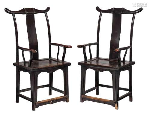 Pair Chinese Dark Red Lacquered Official's Chairs
