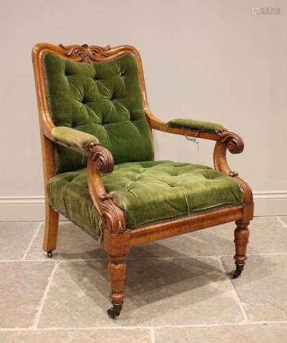 A Victorian satin birch and upholstered open armchair, the t...