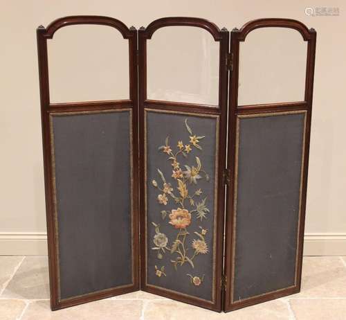 A walnut framed silkwork three panel room screen, circa 1900...