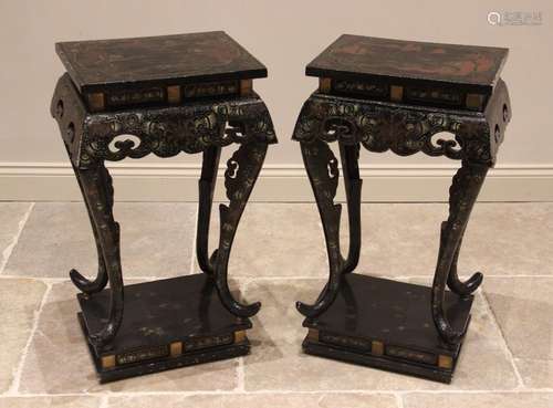 A pair of Chinese lacquered urn stands, the rectangular tops...