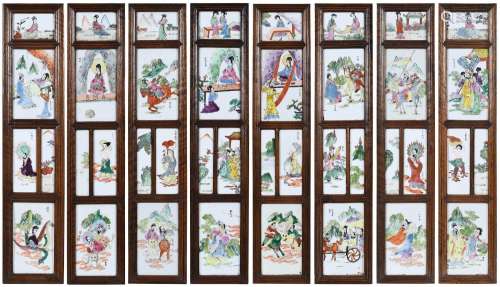 Eight Chinese Wood and Porcelain Panel Hanging Plaques