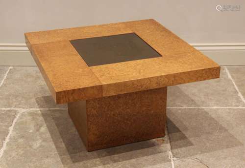 Two graduated contemporary burr veneer coffee tables, the sq...