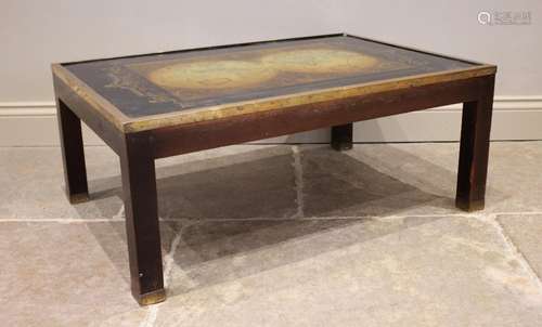 A 20th century oak terrestrial map top coffee table, the ver...