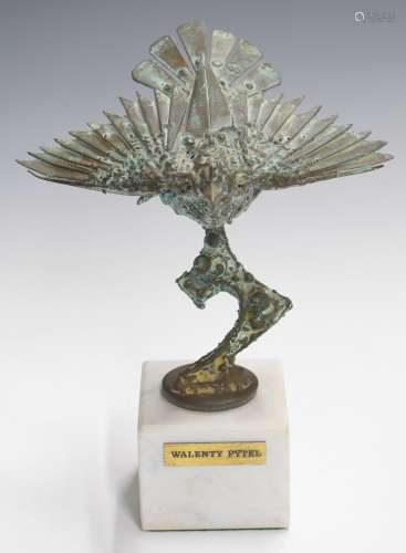 Walenty Pytel bronze study of a bird, on marble base with na...
