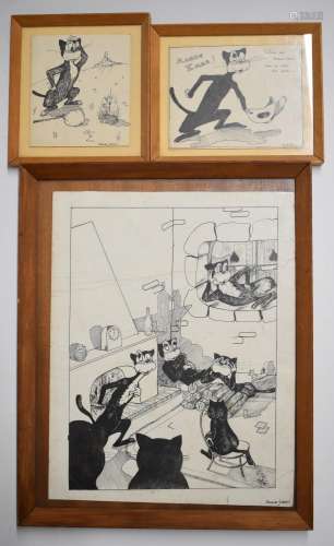 Jacques Girault three pen and ink novelty cat drawings or ca...