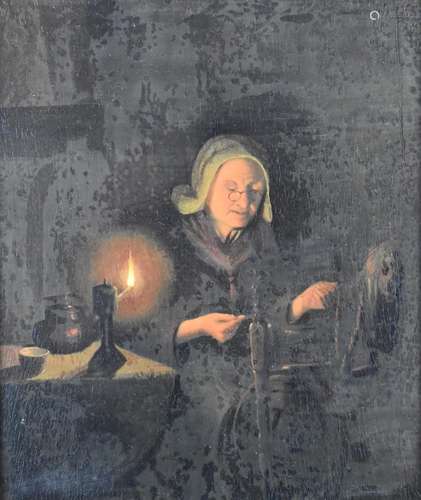 19thC continental oil on board spinning wool by candlelight,...