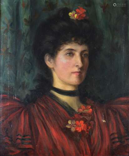 Early 20thC oil on canvas portrait of a lady in flowing red ...