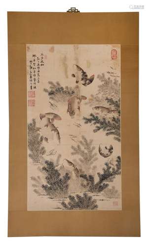 Large Chinese Ink and Watercolor Painting of Carp and Shrimp