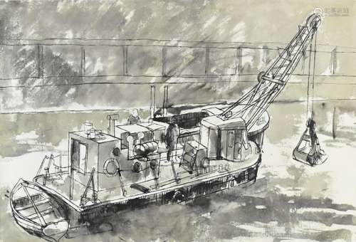 Farrell pen and ink study of a dredger with smaller boat to ...