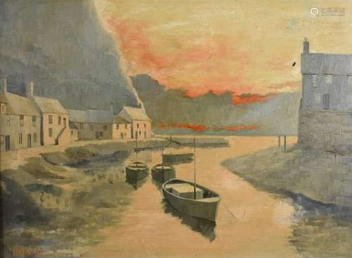 I Wilson oil on board possibly West Wales harbour scene at s...