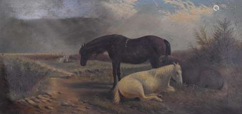 19thC oil on canvas of standing and recumbent horses, signed...