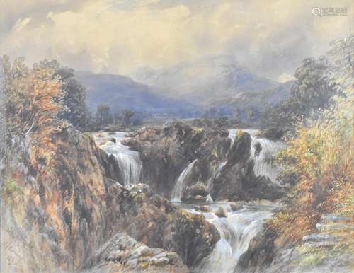 E A Warrington watercolour waterfall landscape, signed and d...