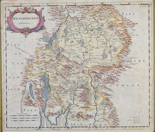 Robert Morden 17thC hand coloured map of Westmorland, 38x44c...