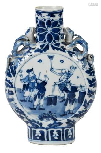 Chinese Underglaze Blue Moon Flask with Performers