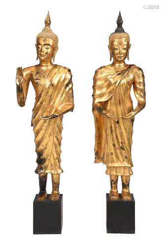 Pair of Monumental Thai Gilt Bronze Buddhas