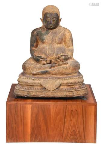 Monumental Thai Gilt Bronze Sangkajai Buddha with Wood Base