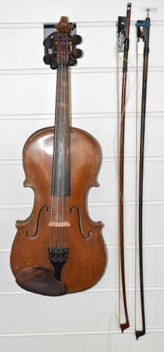 Anonymous two piece back violin with two bows, overall lengt...