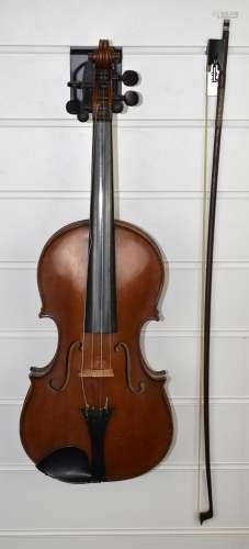 A two piece back violin withbow, overall length 59.5cm, body...