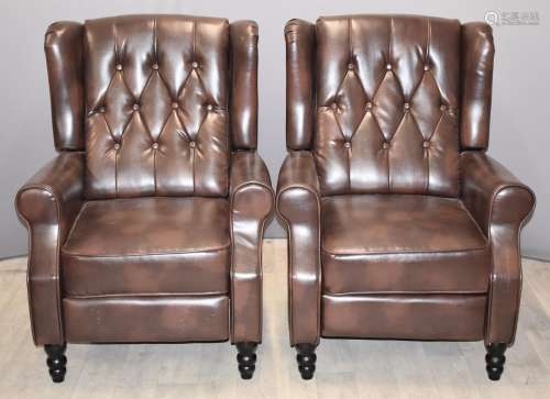 Pair of Chesterfield wing back armchairs with reclining back...
