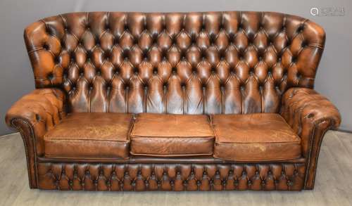 Chesterfield brown leather wing back three seat sofa