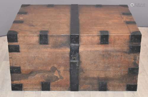 Large metal bound campaign style silver or travelling trunk ...