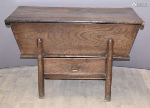 Antique elm dough bin with octagonal legs and drawer below, ...