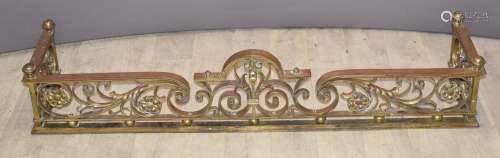 19thC ornate brass fire fender with Tudor rose style decorat...
